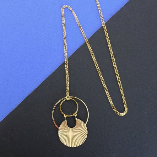 Sautoir doré pendentif graphique rond art déco, bijou moderne cadeau femme