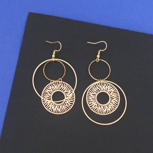 Boucles d'oreilles asymétriques dorées tigrées, boucles d'oreilles dépareillées rondes zébrées, boucles créole acier inoxydable or