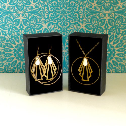 Parure coffret cadeau collier et boucles d'oreilles art déco éventail graphique bronze et blanc