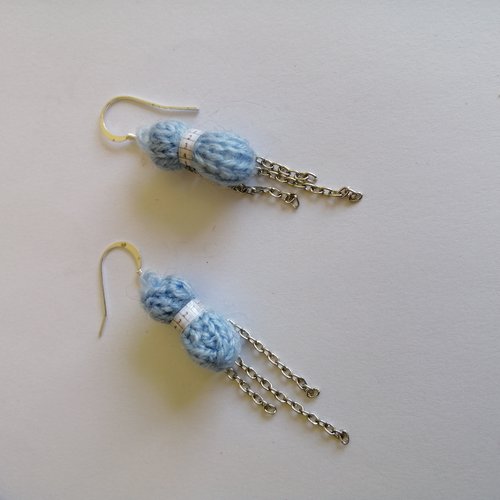 Kit boucles d'oreilles pelote de laine bleu  en laine