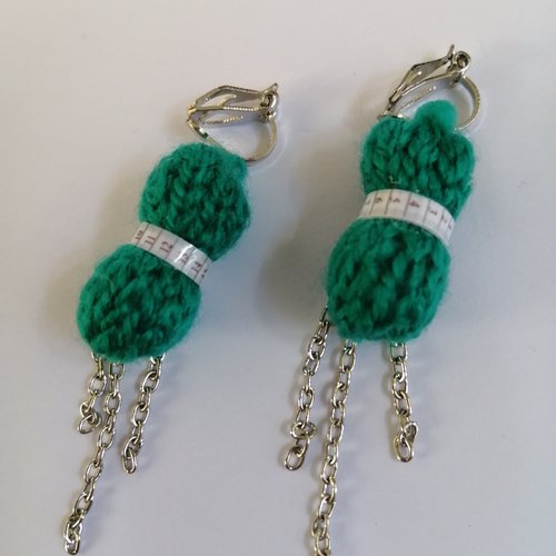 Kit boucles d'oreilles clip  pelote de laine, vert