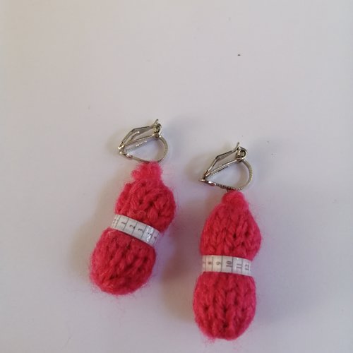 Kit boucles d'oreilles clip pelote de laine rose fuschia en laine