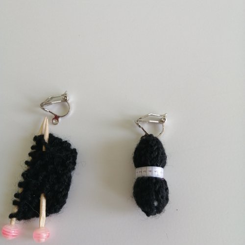 Boucles d'oreilles clip pelote noir , en laine