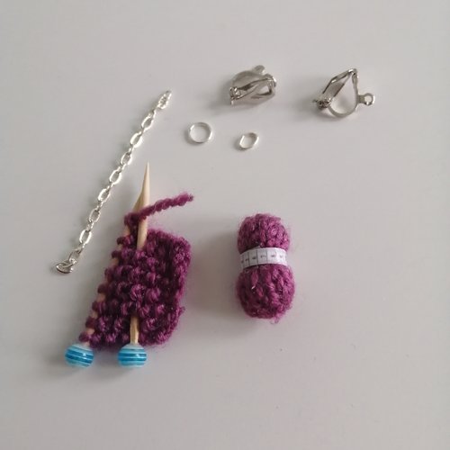 Kit boucles d'oreilles clip pelote de laine violet en laine