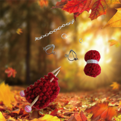 Kit boucles d'oreilles clip pelote de laine bordeaux en laine