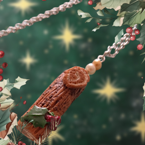 Collier artisanal, bûche de noël au café