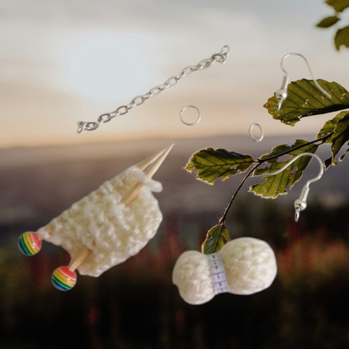 Kit boucles d'oreilles  pelote de laine crème en laine