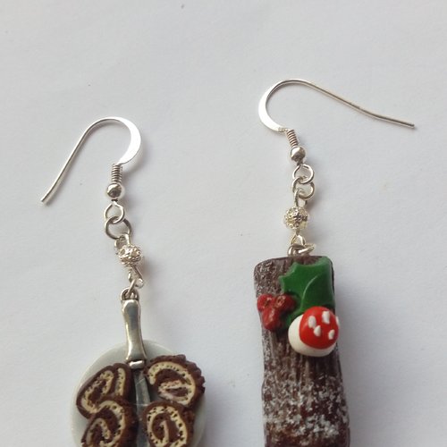 Boucles d'oreilles bûche de noël au chocolat, en fimo