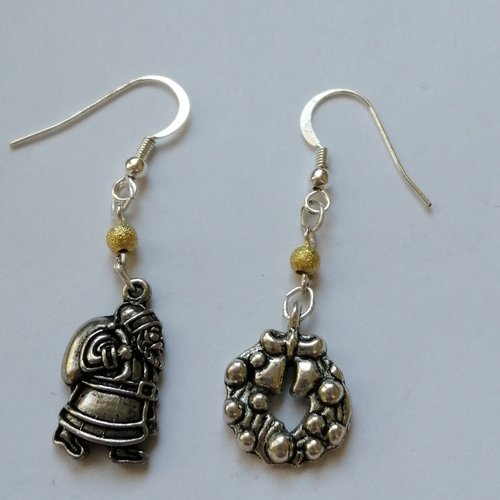 Boucles d'oreilles, noël, père noël, couronne