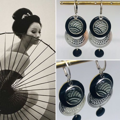 Pendantes noires et grises vagues japonisantes et sequin