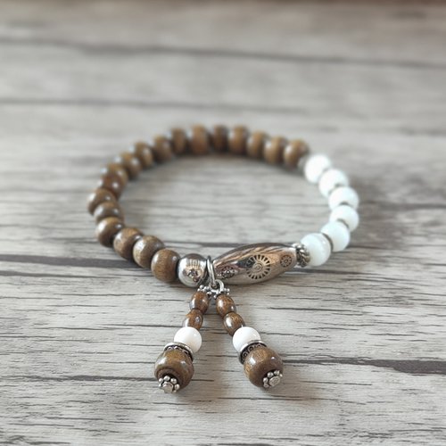 "exotique" bracelet perles bois marron/verre blanc