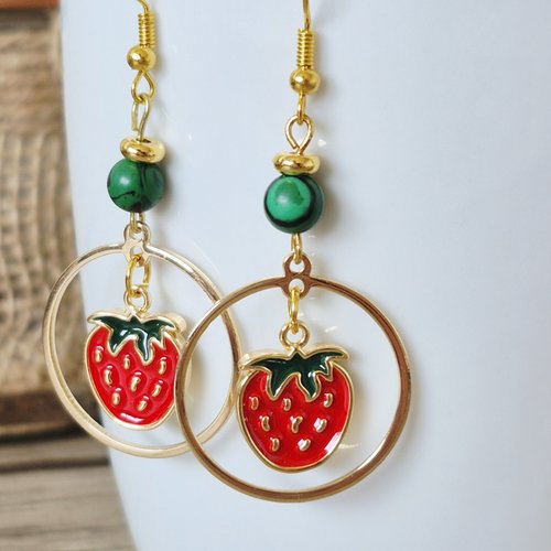 "coeur fruité "boucles d'oreilles fraises rouge et or