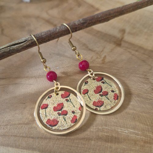 "fleurs de liberté" boucles d'oreilles estampes coquelicots rouge et or