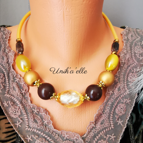 "solaire" collier perles nuances jaunes dorées et brun