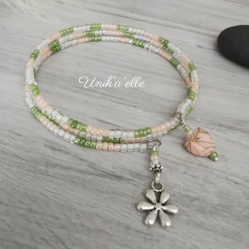 "pastel" bracelet perles rocailles vert/rose nude