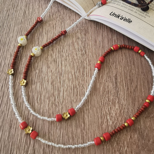 "star" collier porte lunettes perles rouge/ blanc/or