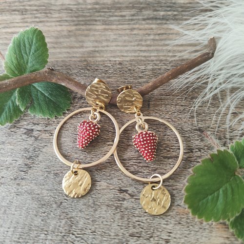 Collection efflorescence "reine des vallée" boucles d'oreilles fraises rouges et or