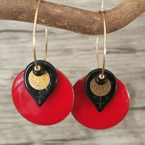 "exquises"boucles d'oreilles anneaux créoles rouge et noir