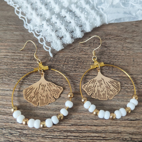 "sève de vie" boucles d'oreilles créoles gingko blanc et or