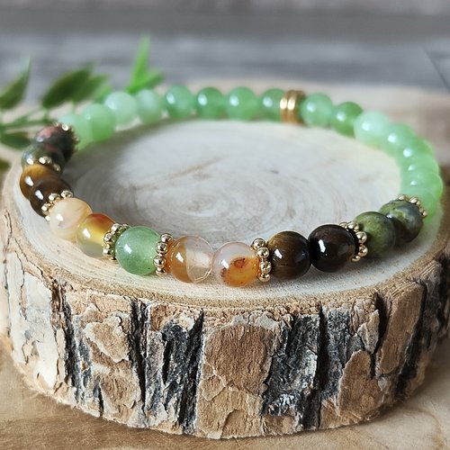 "éveil terre et lumière" bracelet pierres naturelles vert et or