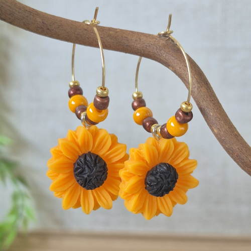 "rayon de soleil" boucles créoles tournesol  jaune et or