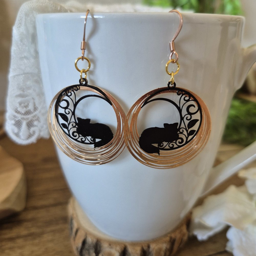 "rêve de chat" boucles d'oreilles chat noir et or