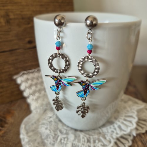 Colibris lumière boucles d’oreilles longues oiseaux arc en ciel