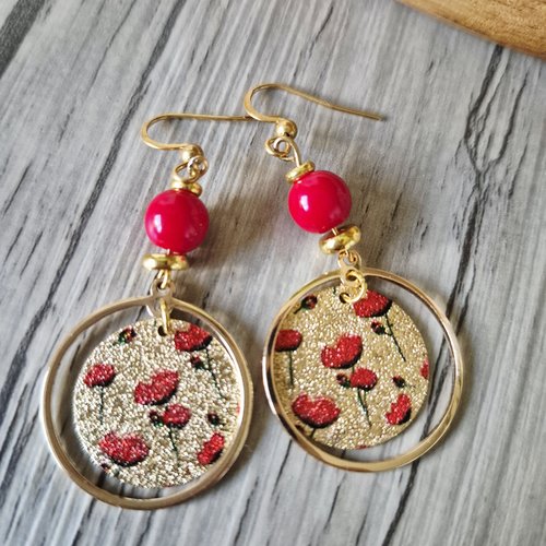 Champ de coquelicots boucles d'oreilles rouge et or