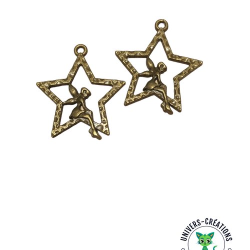 Breloques étoile et fée en métal couleur bronze (x2)
