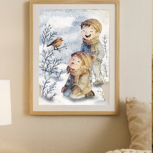 Affiche hivernale – « premiers flocons » (illustration douce enfantine)