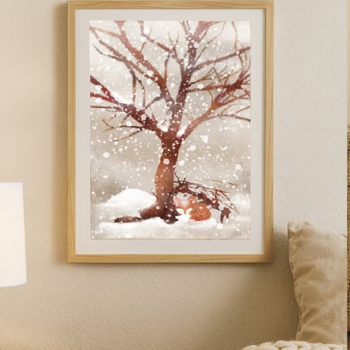 Affiche hivernale – « sous l'arbre enneigé » (renard endormi)