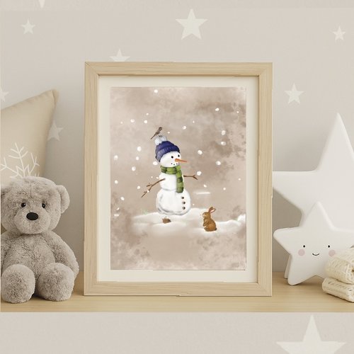 Carte de noël – bonhomme de neige & petit lapin – illustration hivernale douce