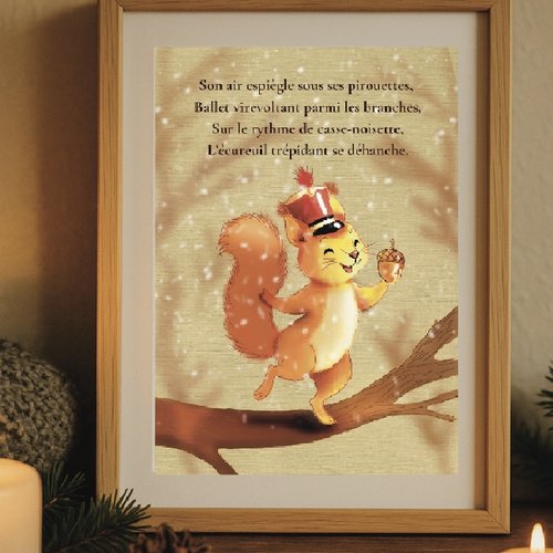 Carte a6 et affiche a5 poétique de noël – « l'écureuil danseur » (illustration douce + texte)