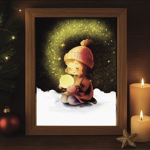 Affiche a5 et carte a6 poétique de noël – « la gardienne de lumière » (illustration douce)