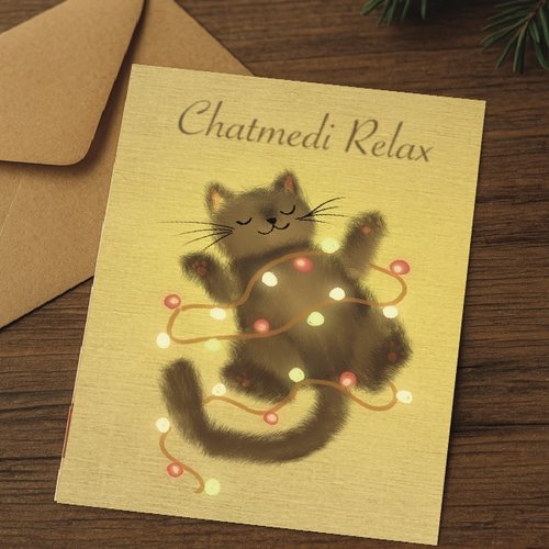 Carte « chatmedi relax » – chat mignon lumineux & guirlande (illustration douce)