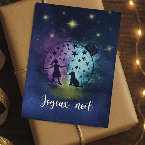 Carte a6 « joyeux noël » – silhouettes enfant & chien dans boule magique