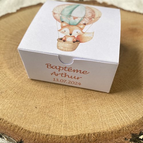 Boîte renard montgolfière personnalisée dragée-biscuits-bonbons anniversaire-baptême