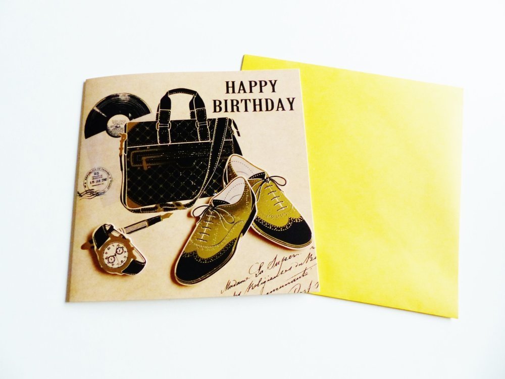 Carte Anniversaire Relief Hyper 3d Homme Chic Chaussure Montre Stylo Plume Disque Vinyle Noir Et Or Enveloppe Assortie Un Grand Marche
