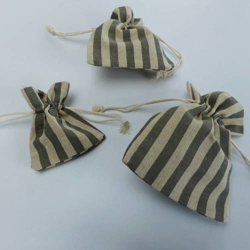 3 pochons en lin et coton rayure noir et naturel  marron sacs 3 formats petites sacs pour cadeaux bijoux 3 tailles différentes