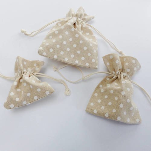 3 pochons en lin et coton pois blanc et naturel  marron sacs 3 formats petits sacs cadeaux bijoux