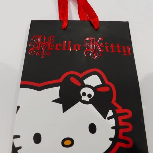 Sac cadeau en papier cartonné hello kitty anses en satin rouge gothique tête de mort