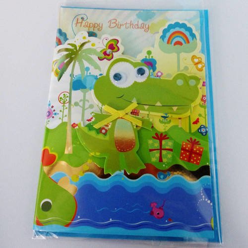 Carte double anniversaire en relief 3d crocodile, avec perles yeux mobile et enveloppe couleur assortie
