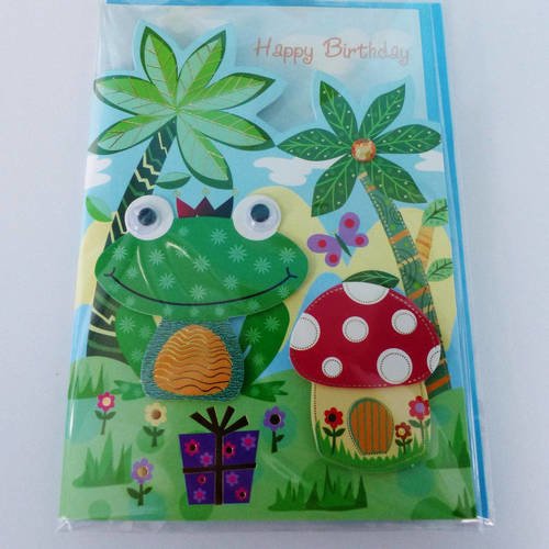 Carte anniversaire en relief 3d, grenouille, carte double avec yeux mobile, avec enveloppe