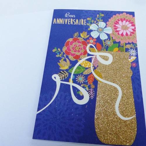 Carte Bon Joyeux Anniversaire Paillete Or Fleur Bouquet Un Grand Marche