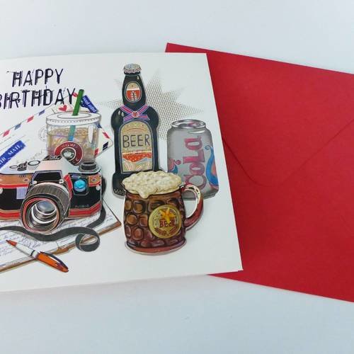 Carte Double Anniversaire Happy Birthday Biere Cola Appareil Photo Relief Hyper 3d Avec Strass Avec Enveloppe Assortie Un Grand Marche