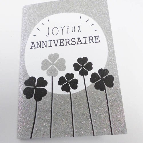 Carte Joyeux Bon Anniversaire Argente Trefle A 4 Feuilles Chance Paillettes Avec Enveloppe Un Grand Marche