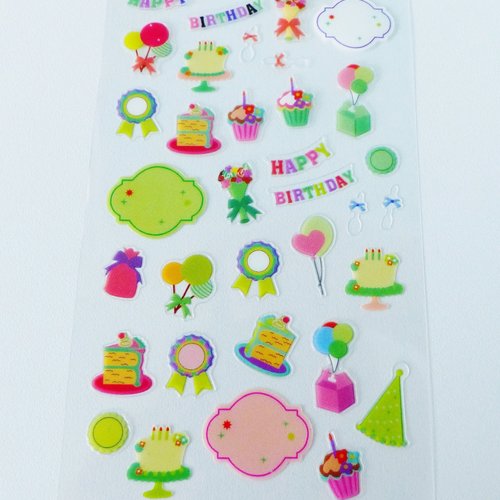 34 Autocollant Anniversaire Happy Birthday Ballon Gateau Cadeau Fleur Sticker Un Grand Marche