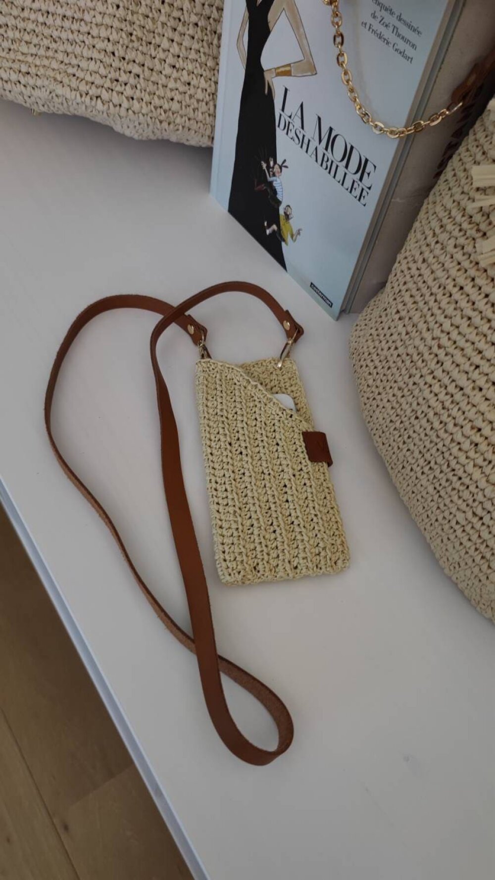 Pochette téléphone portable en paille, sac bandoulière pour téléphone portable, etui téléphone