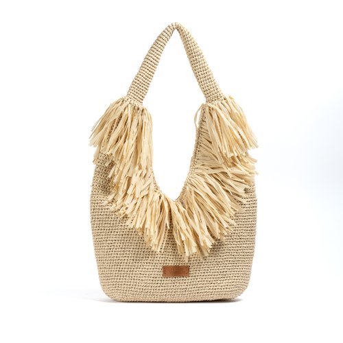 Sac de plage raphia beige, sac hobo paille frangée, cadeau artisanal pour elle