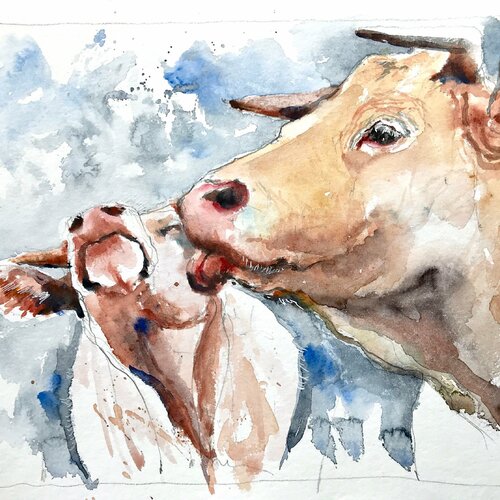 Aquarelle D Une Vache Et Son Veau Peinture Originale De Maman Et Son Bebe Decoration Murale Campagnarde Animaux De Ferme Cadeau Maman Un Grand Marche
